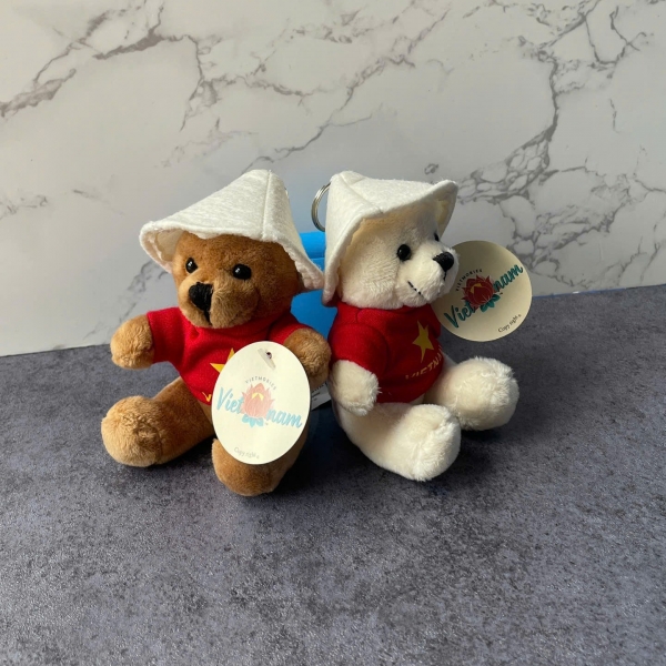 MÓC KHOÁ GẤU NHỒI BÔNG (NÓN LÁ-ÁO LÁ CỜ -10CM)